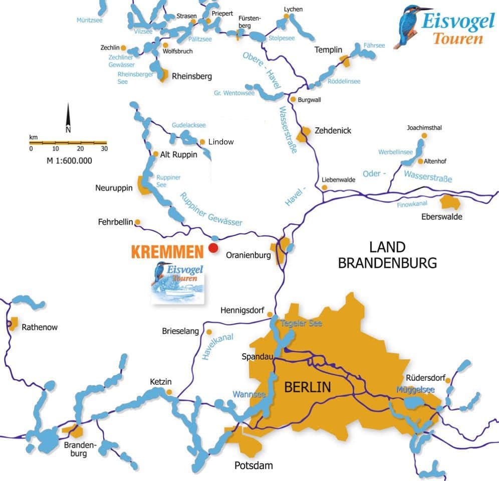 Revierkarte – über 2.000 km vernetzte Wasserwege von Lindow am Gudelacksee über das Ruppiner Seenland bis Rheinsberg, Müritz und Berlin